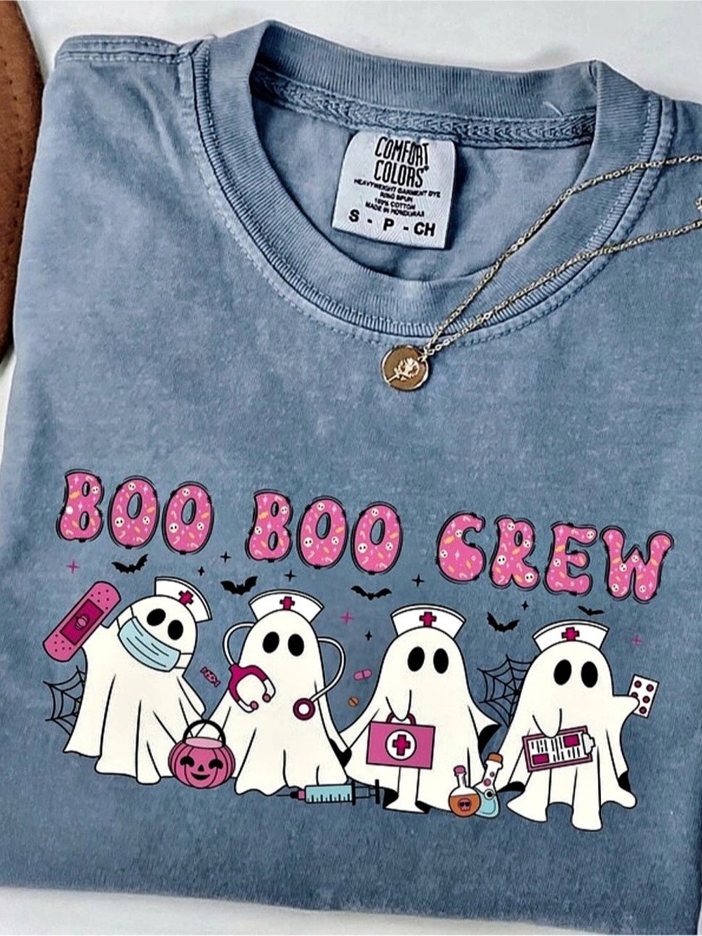 Comfort Colors Blue Jean Heavyweight Ringspun Tee Boo Crew Nurse Ghost Boo Crew